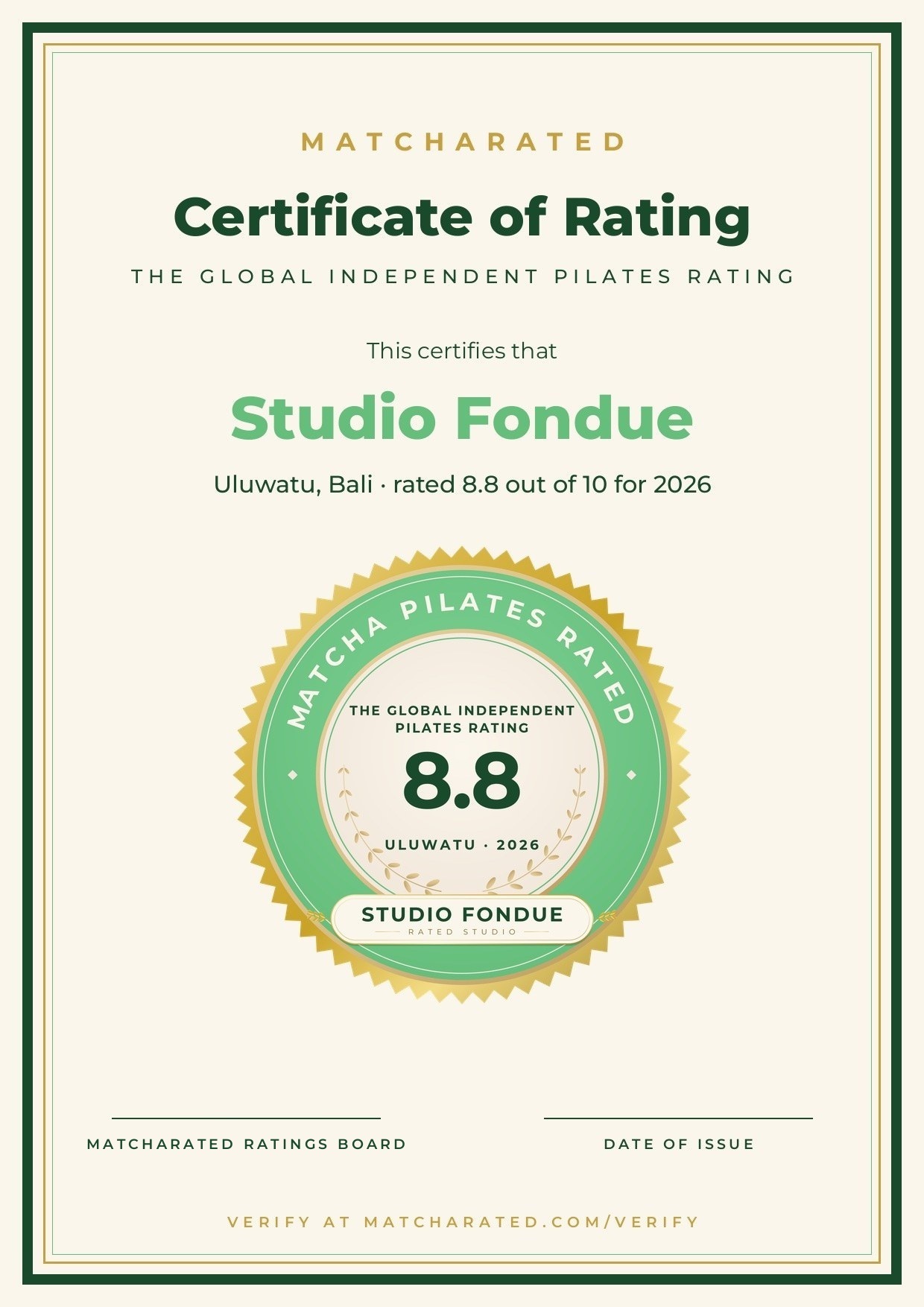 Sample MatchaRated certificate: Studio Fondue Uluwatu, rated 8.8 out of 10